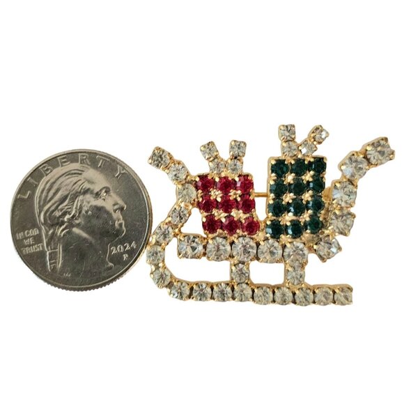 Santa's Sleigh Brooch Vintage Green Red Rhinestone Pin - Picture 7 of 9